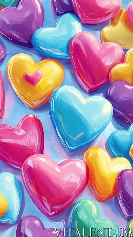 Glossy three-dimensional heart forms arranged densely across light blue background