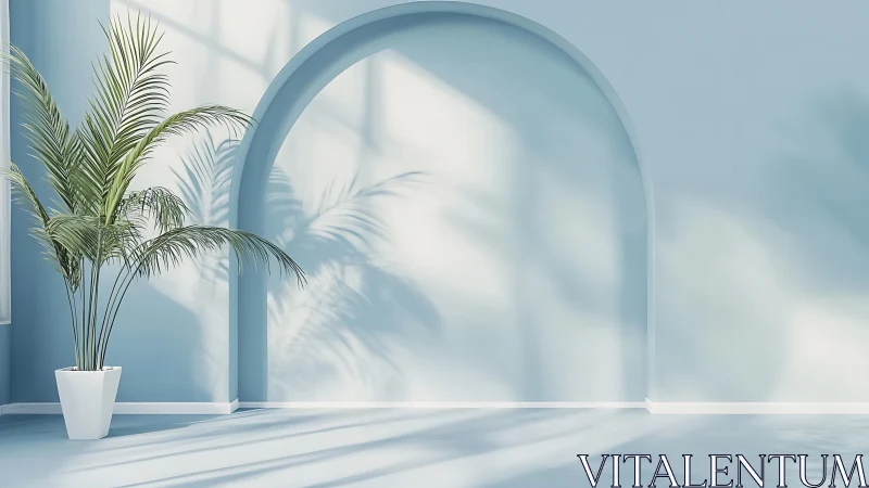 Indoor palm plant beside large blue arched wall opening.