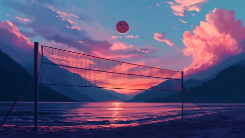 Volleyball net over glowing shoreline at vivid sunset.