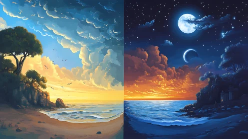 Twin coastal horizons trade sunlight and moonfire in harmony.