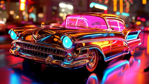 Neon chrome cruiser drifting through candy city streets.