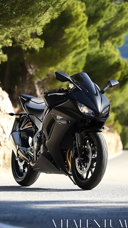 Matte black sport motorcycle is parked on a sunlit road