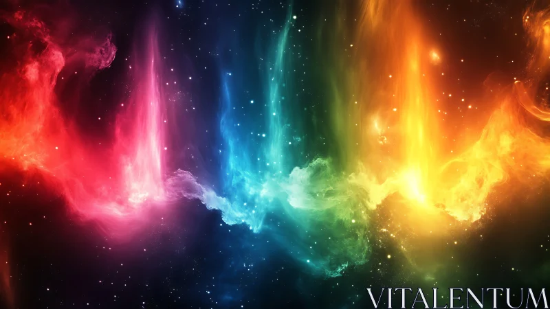 Cosmic rainbow nebula waves over starry deep space.