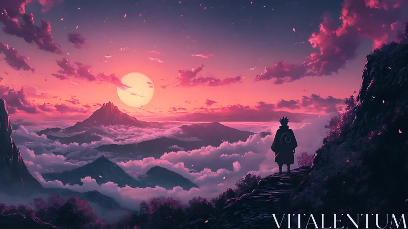 Solitary shinobi silhouetted against neon dusk horizon.