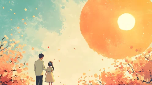 Backlit siblings beneath oversized painterly sunset sphere.