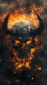 Infernal horned skull emerging from swirling firestorm.
