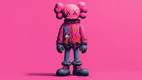 Stylized pink vinyl figure in puffer jacket on monochrome backdrop