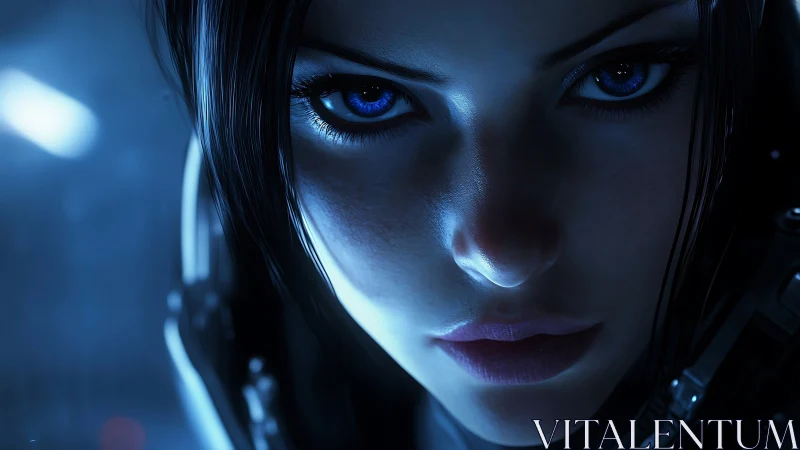 Close-up sci-fi portrait shows blue-eyed woman under cold light