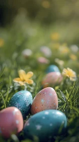 Sunlit meadow of pastel Easter eggs and soft spring joy.