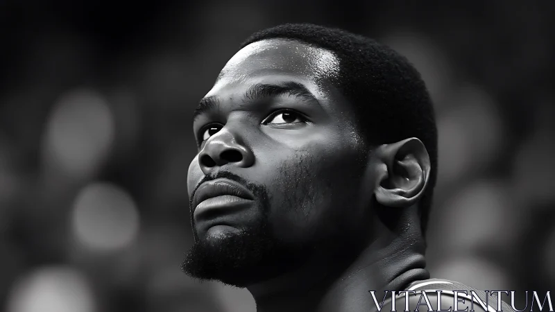 Monochrome courtside portrait in cinematic close-up framing.