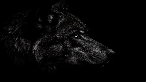 Profile of a black wolf in dramatic low‑key lighting.