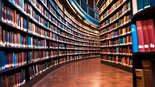 Curved multi-tier library stacks form a converging linear aisle