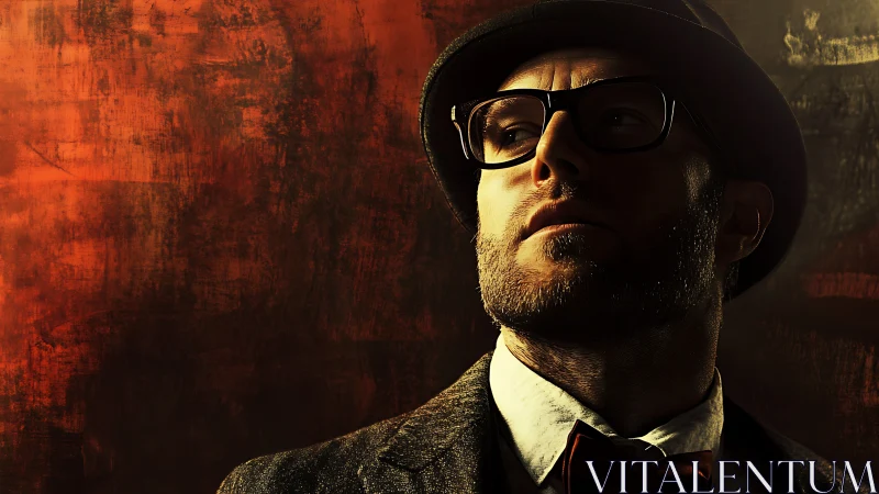 Brooding gentleman in ember glow, hat brim guarding secrets.
