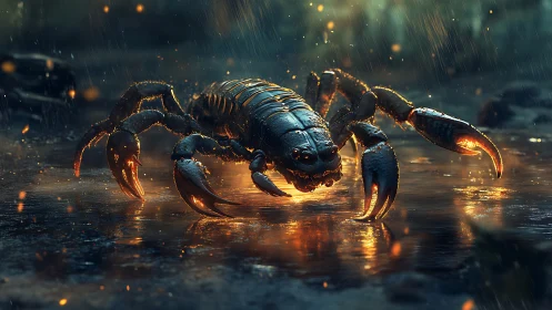 Bioluminescent cyber-scorpion advances through rain-soaked terrain