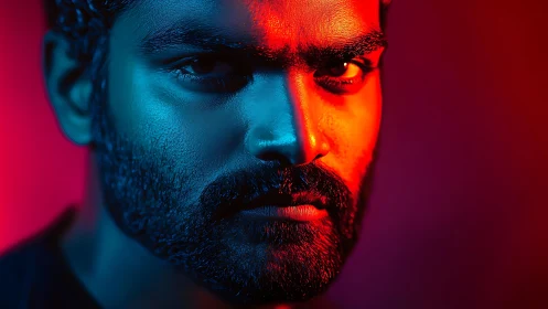 Bicolored low key male portrait with cyan and red gel lighting