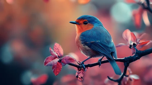 Vibrant Robin on Autumn Branch with Soft Pastel Background.