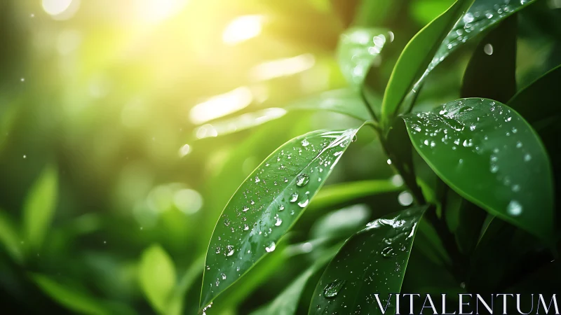 Backlit dew-kissed foliage in shallow-focus composition.