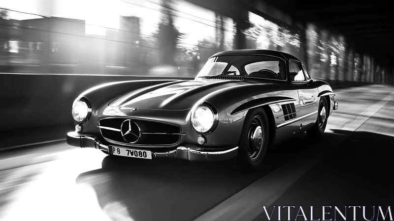 Classic Mercedes coupe speeds through sunlit urban tunnel