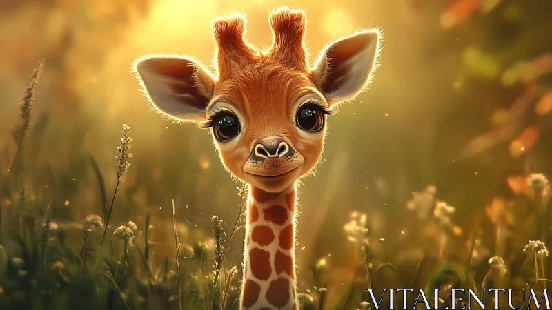 Sunlit baby giraffe beaming through golden meadow glow.