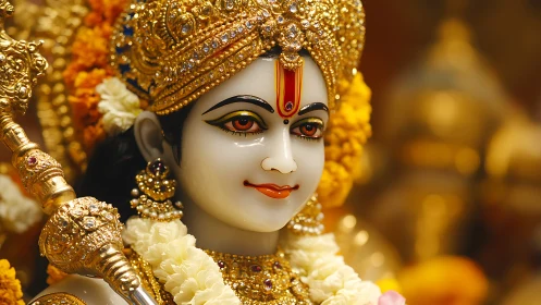 Golden Hindu deity statue glows amid marigold garlands.