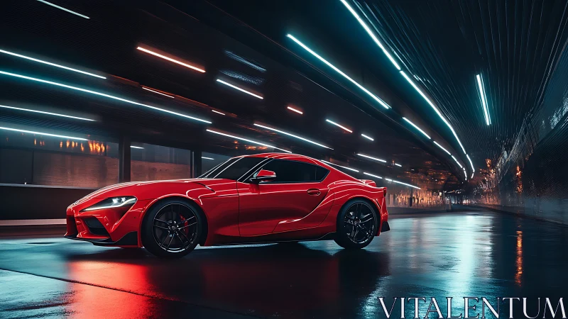 Sleek red sports car glides through a glowing city tunnel