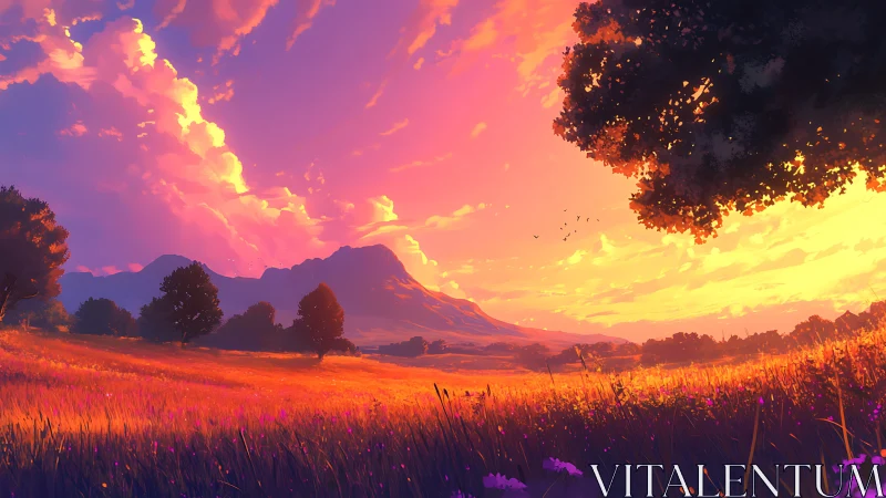 Sunset-drenched meadow hums beneath glowing lavender skies