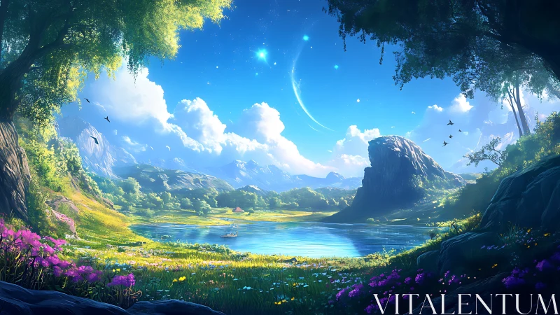 Luminous fantasy valley lake under crescent nebula sky