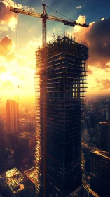 Construction Crane and Steel Framework at Sunset.