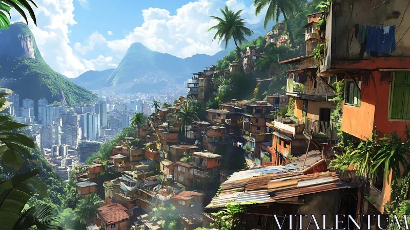 Sunlit hillside favela embracing a glittering tropical metropolis.