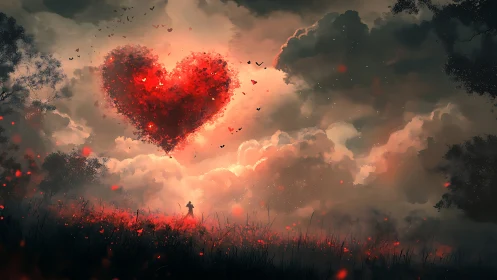 Digital rendering depicting heart form in sky above solitary figure.