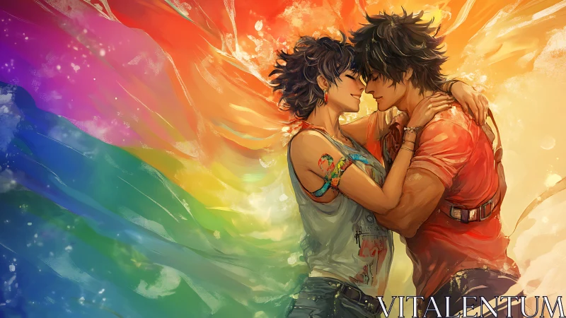 Two Hearts Ablaze: Love Ignites Beneath Rainbow Skies.