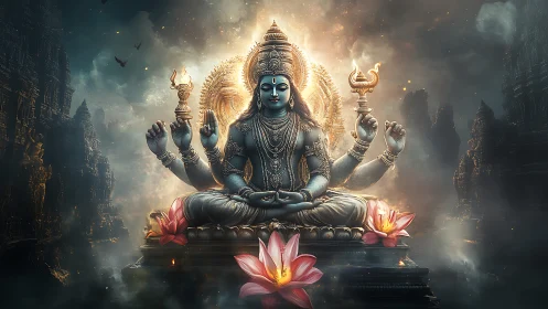 Radiant multi-armed deity in a dreamlike temple glow.