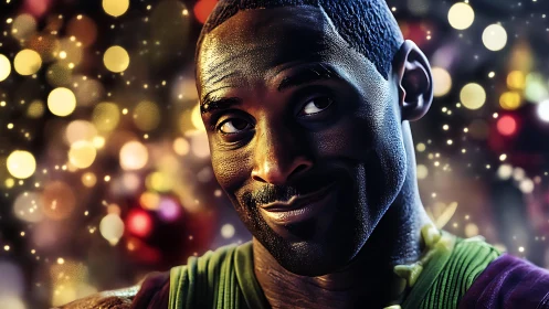 Smirking athlete portrait with festive bokeh illumination.