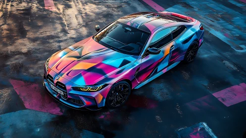 Multicolor geometric vinyl-wrapped BMW coupe on wet asphalt surface