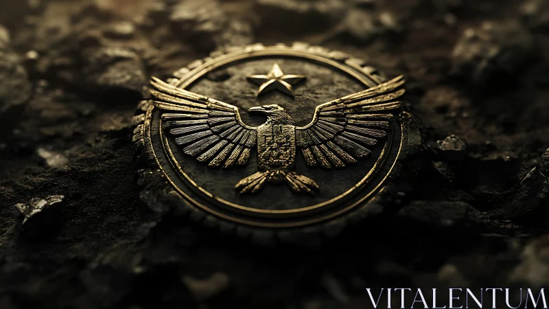 Golden eagle emblem on rugged dark stone ground surface.