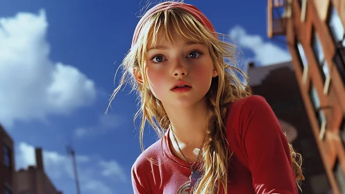 Skyline daydreamer girl caught between clouds and city hush.