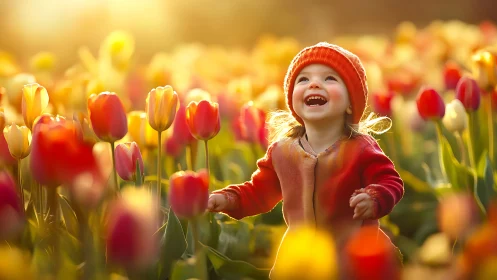 Child&rsquo;s joyful laughter amid glowing tulip meadow at sunset.