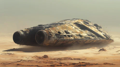 Desert-stranded starship slumbers beneath sunburnt sands.