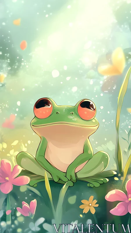Whimsical frog portrait in luminous floral meadow composition.