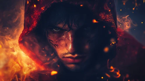 Hooded man with burning embers and intense stare in fire.