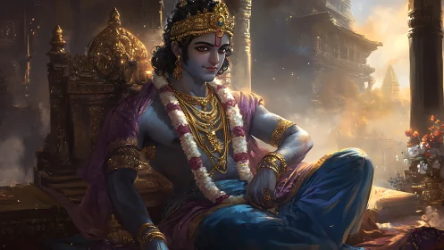 Regal blue-skinned figure seated on ornate golden throne.