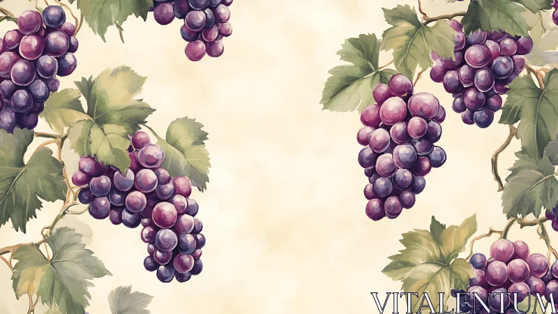 Grape clusters and leaves on light background pattern.