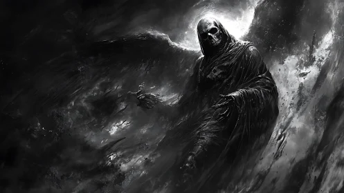 Dark skeletal reaper emerges from storm of shadow and light.