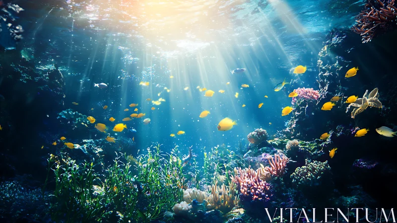 Sunlit coral kingdom where golden reef fish drift and glitter.