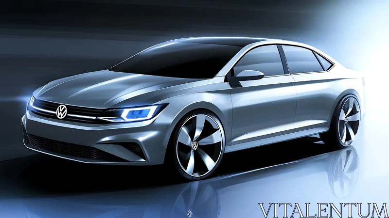 Streamlined sedan rendering with dynamic studio light modeling.