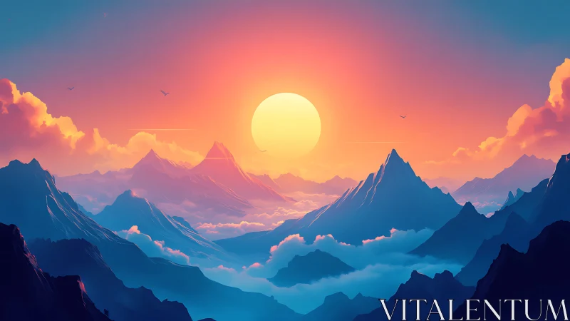 Neon sunrise over stylized mountain peaks and cloud sea.