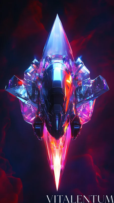 Radiant crystal starship glides forward in neon cosmic glow