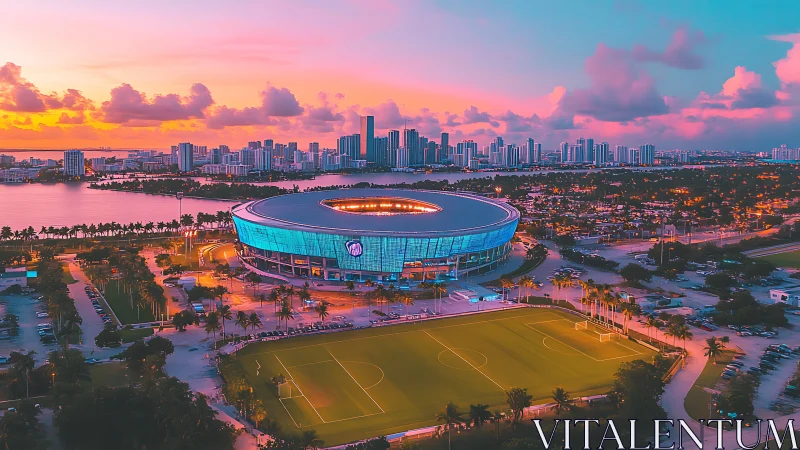 Sunset aerial stadium panorama renders neon-lit urban skyline