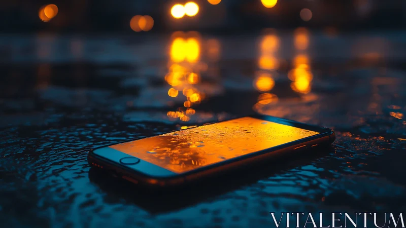 Smartphone glows with golden light in nocturnal urban setting.