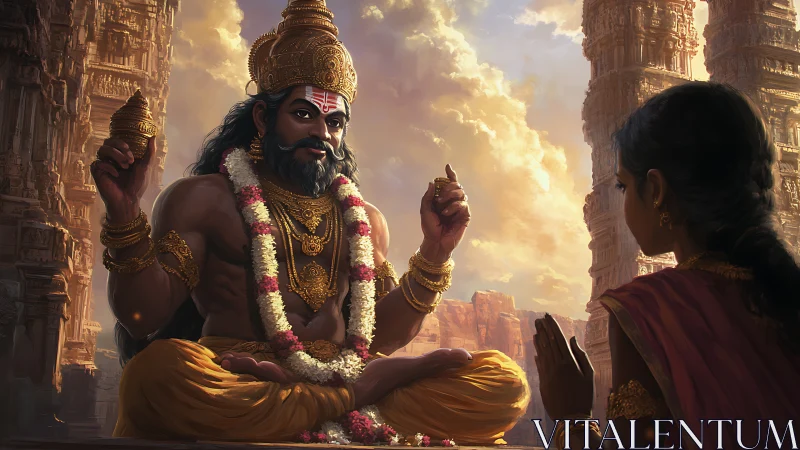 Digital painting of divine guru and devotee in temple setting.